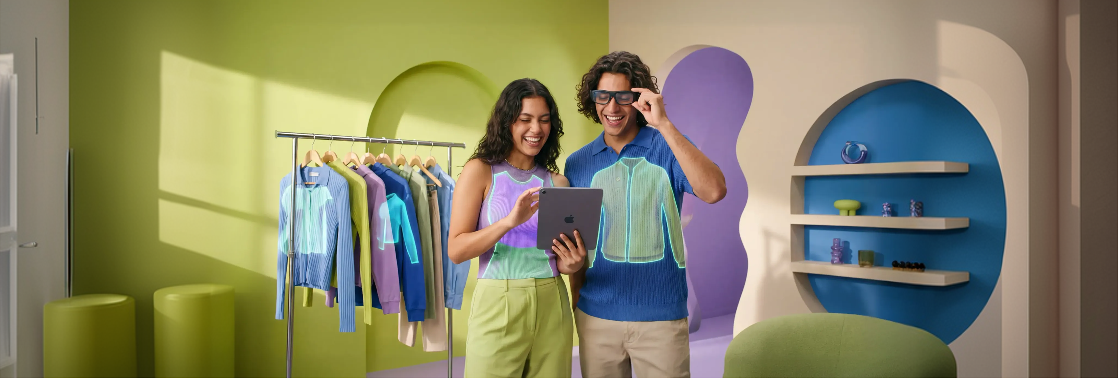 Display retail Wiwo con personas y objetos de marca